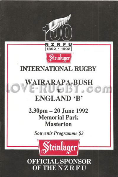 1992 Wairarapa-Bush v England B  Rugby Programme